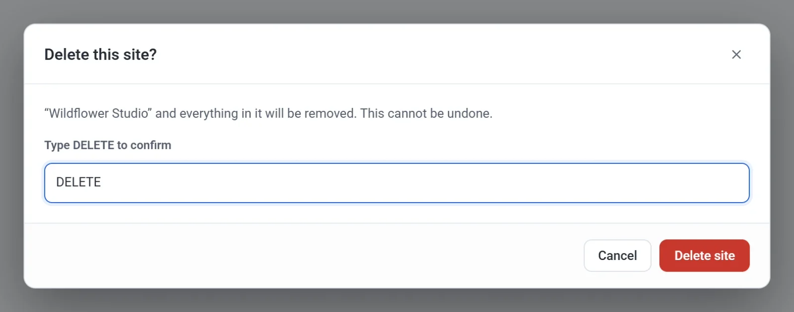 The Delete this site dialog asking you to type DELETE to confirm, with the Cancel and Delete site buttons