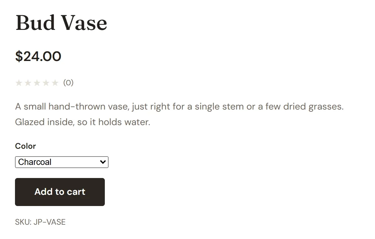The same product page after choosing Charcoal, showing the Charcoal price of $24.00 and an active Add to cart button