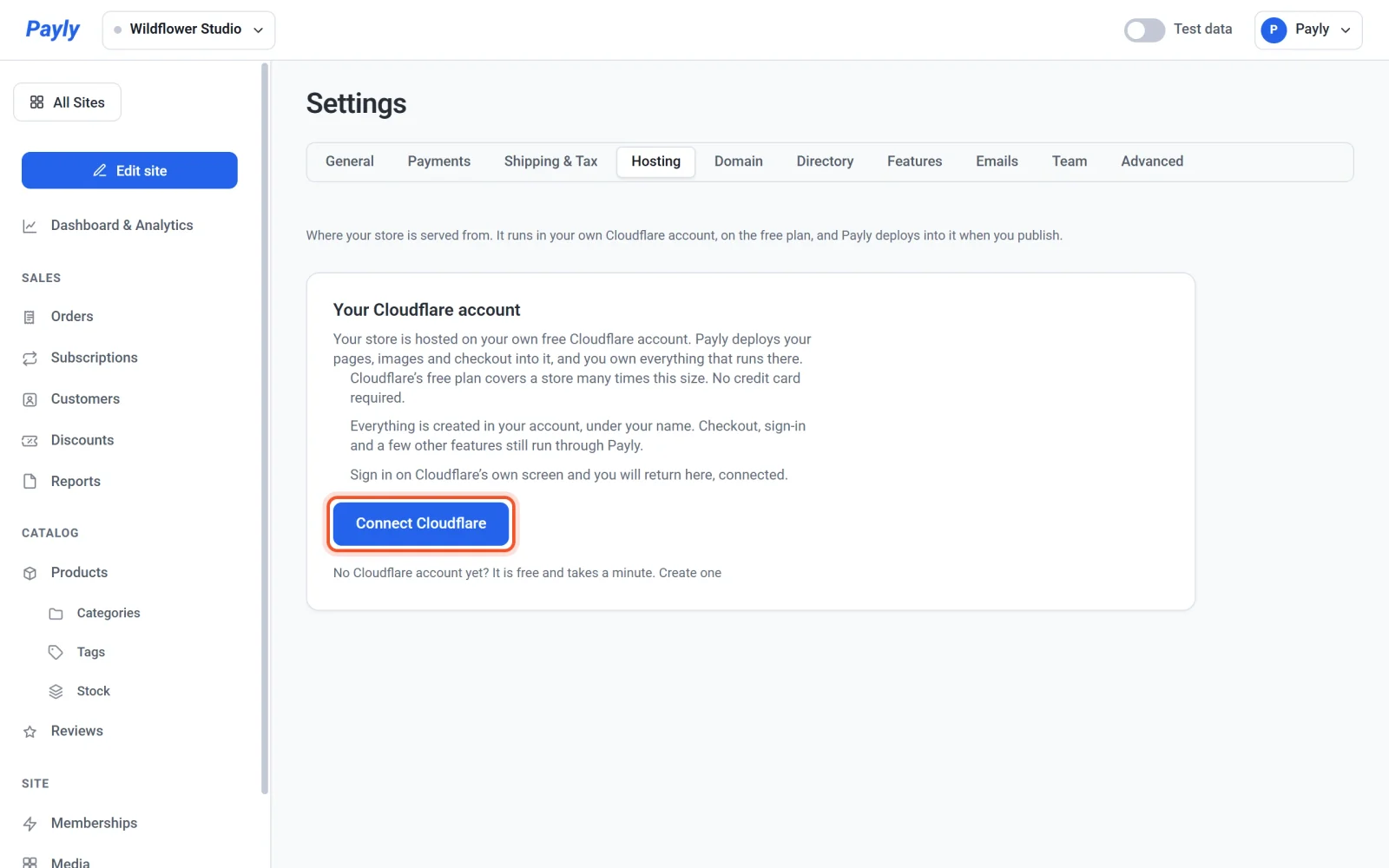The Hosting tab in Settings before Cloudflare is connected, with the Connect Cloudflare button and a link to create a Cloudflare account