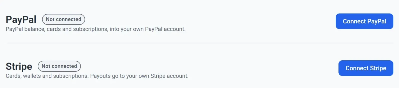 The Payments tab with the PayPal and Stripe cards, both marked Not connected, each with a Connect button