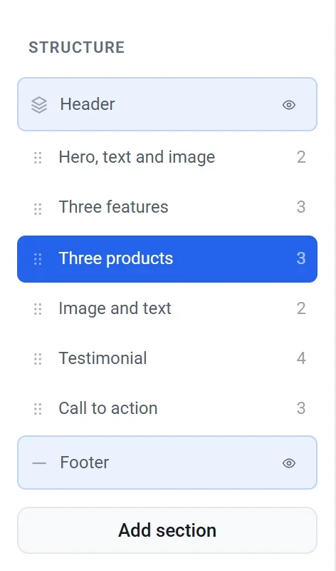The Structure list with Header, six sections, Footer and the Add section button; Three products is selected