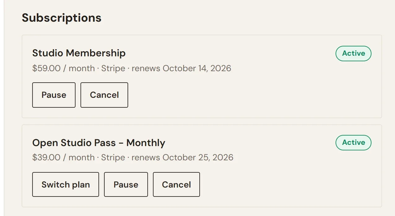 The Subscriptions part of My account, with a Studio Membership card at $59.00 / month and an Open Studio Pass card at $39.00 / month, both marked Active, each with Pause and Cancel buttons