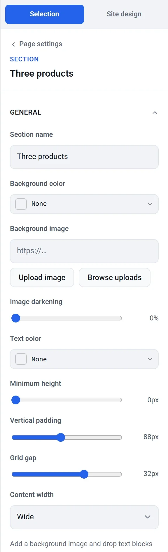 The settings of the Three products section: name, background color, background image, image darkening, text color, minimum height, vertical padding, grid gap and content width