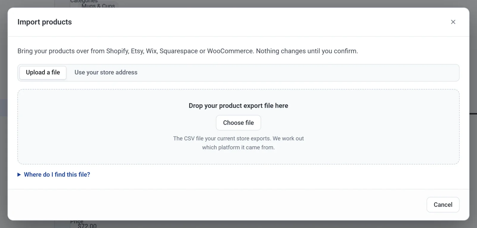 The Import products dialog, with the Upload a file tab, the drop box and the Choose file button