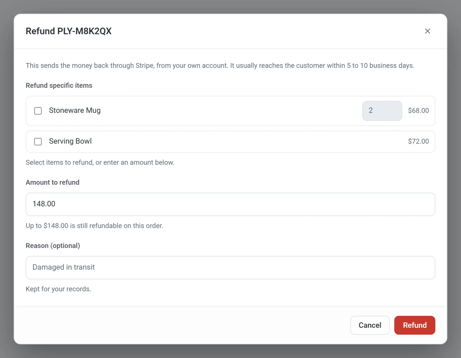 The Refund dialog for an order, with two items to choose from, the amount to refund and an optional reason
