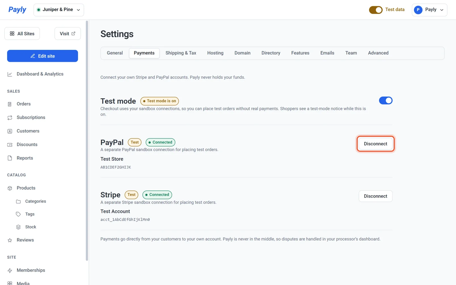 The Payments tab with PayPal and Stripe both connected and the Disconnect button on the PayPal card highlighted