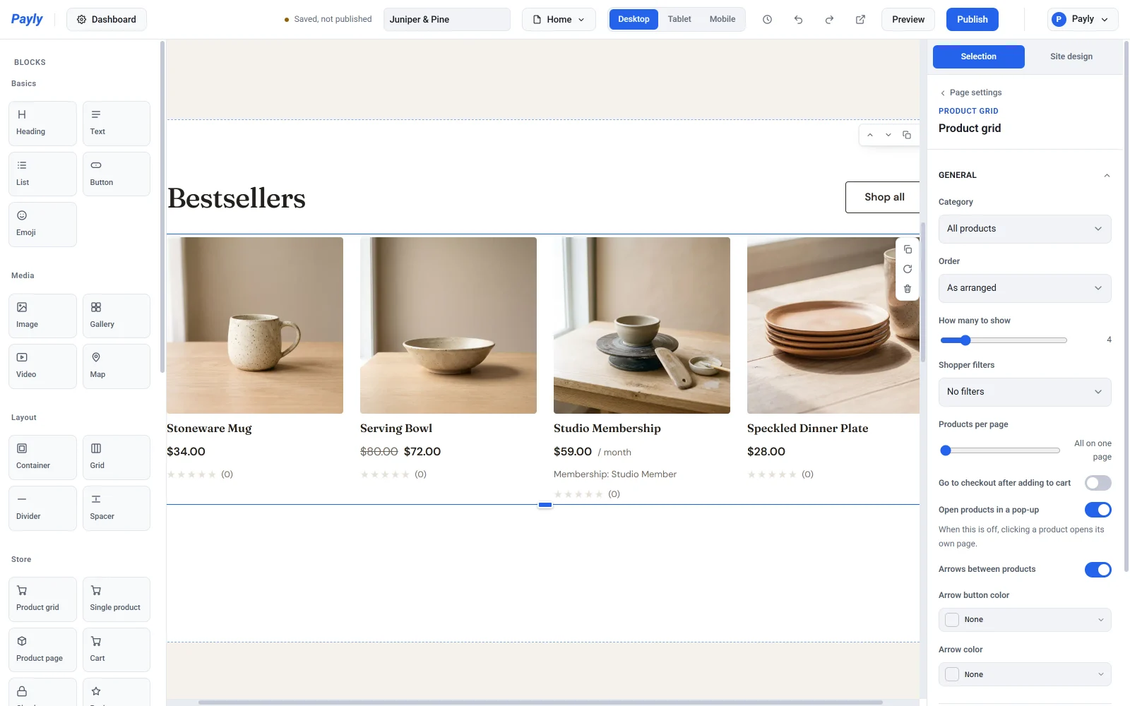 The Bestsellers product grid selected in the editor, with its Category, Order, How many to show and other settings in the settings panel