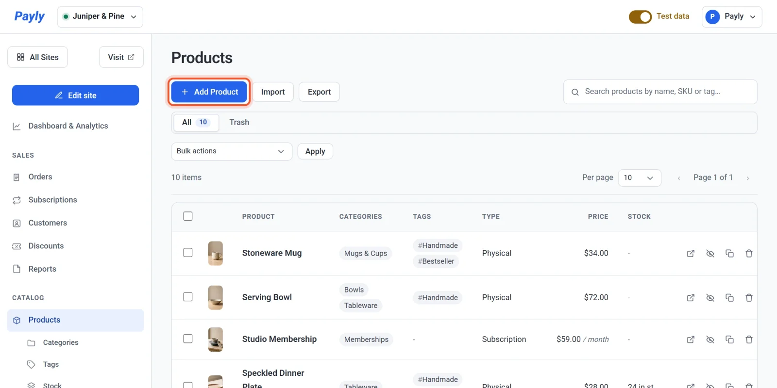 The Products screen with the Add Product button highlighted