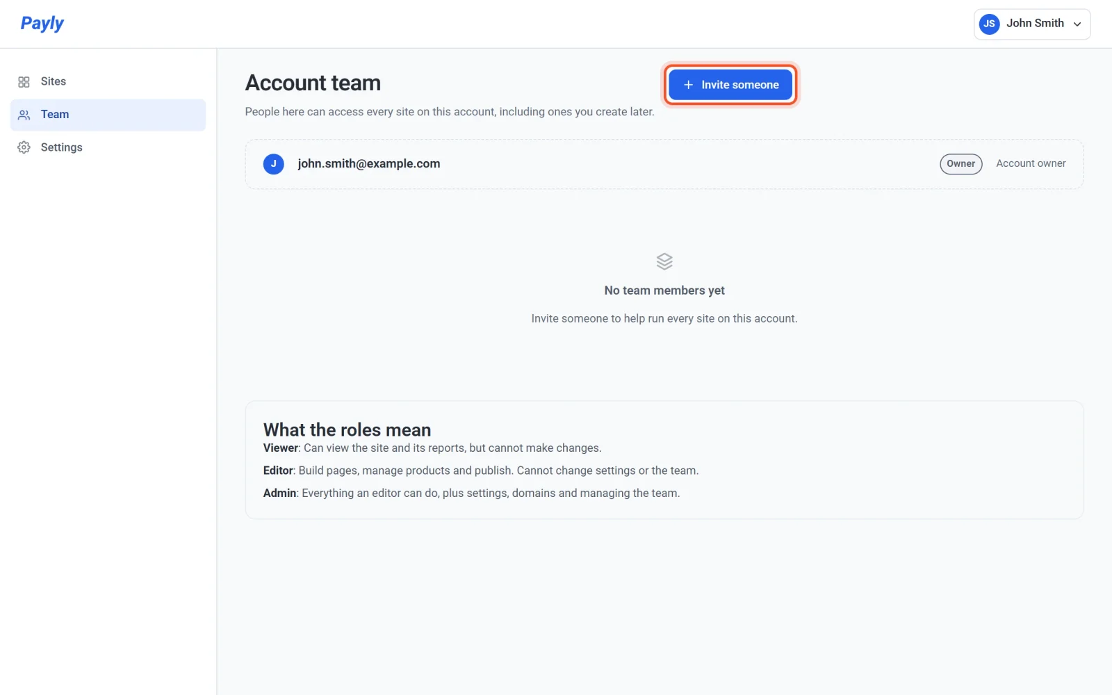 The Account team screen with the Invite someone button highlighted and the owner listed below it