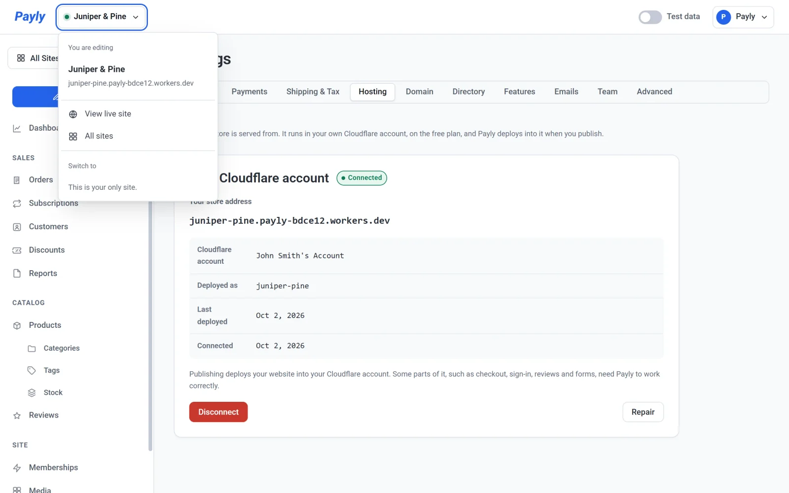 The Hosting tab after connecting, showing the Connected label, the store address, the Cloudflare account, the name the store is deployed as and two dates, with Disconnect and Repair buttons