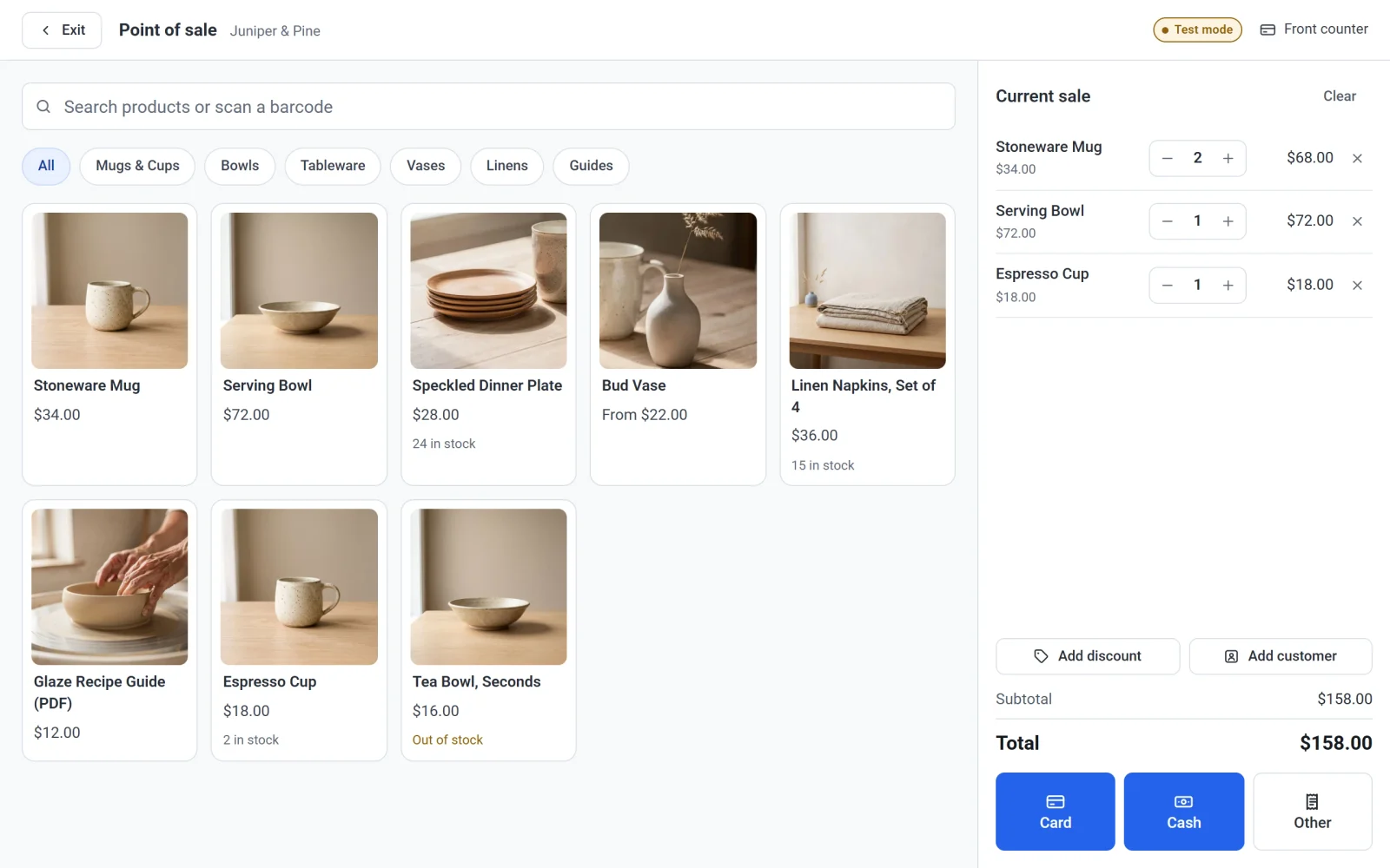 The Point of sale screen with the products on the left and a sale on the right: three items, the Add discount and Add customer buttons, the total, and the Card, Cash and Other buttons
