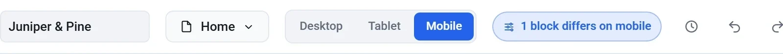 The editor top bar with the Desktop, Tablet and Mobile buttons, Mobile selected, and a note saying 1 block differs on mobile
