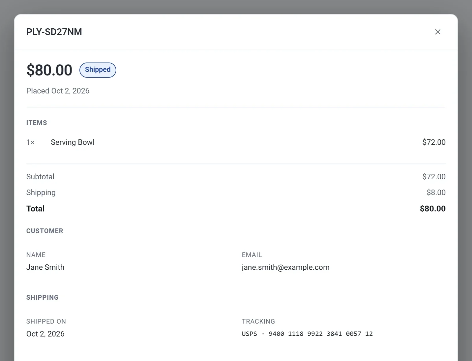 An order pop-up with the Shipped status and a Shipping section showing the shipped date and tracking number