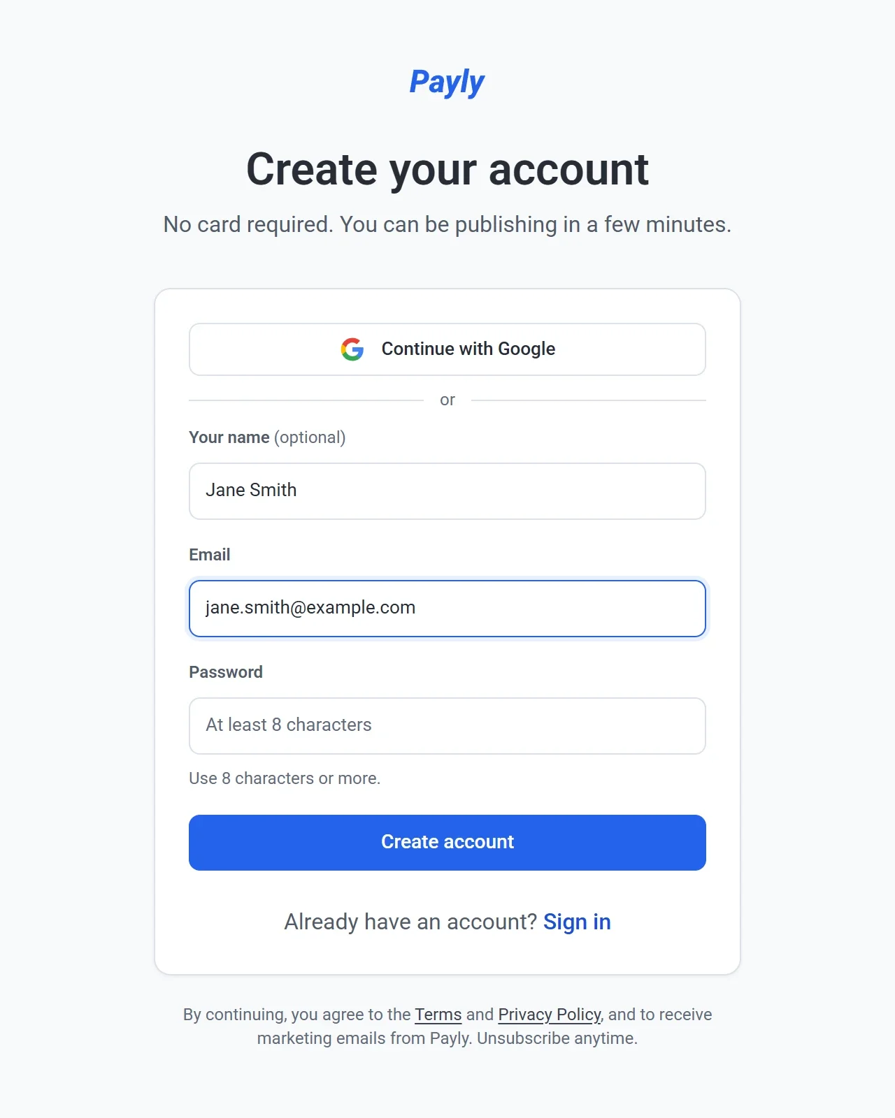 The Create your account page with a Continue with Google button and fields for name, email and password