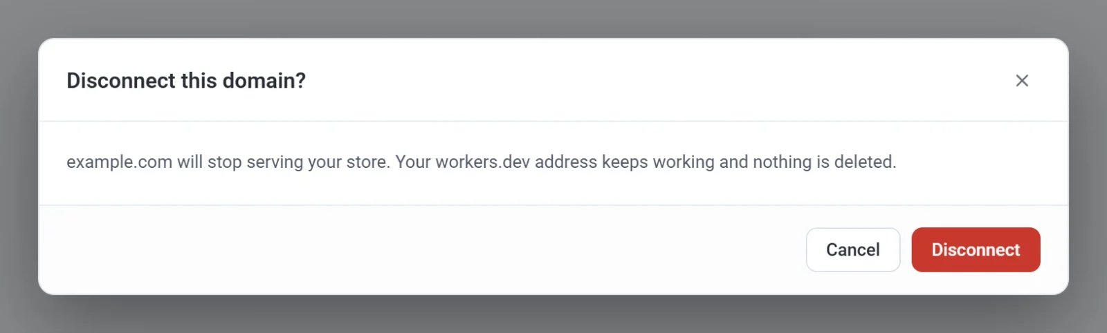 The Disconnect this domain? window, saying that example.com will stop serving your store while the workers.dev address keeps working, with Cancel and Disconnect buttons