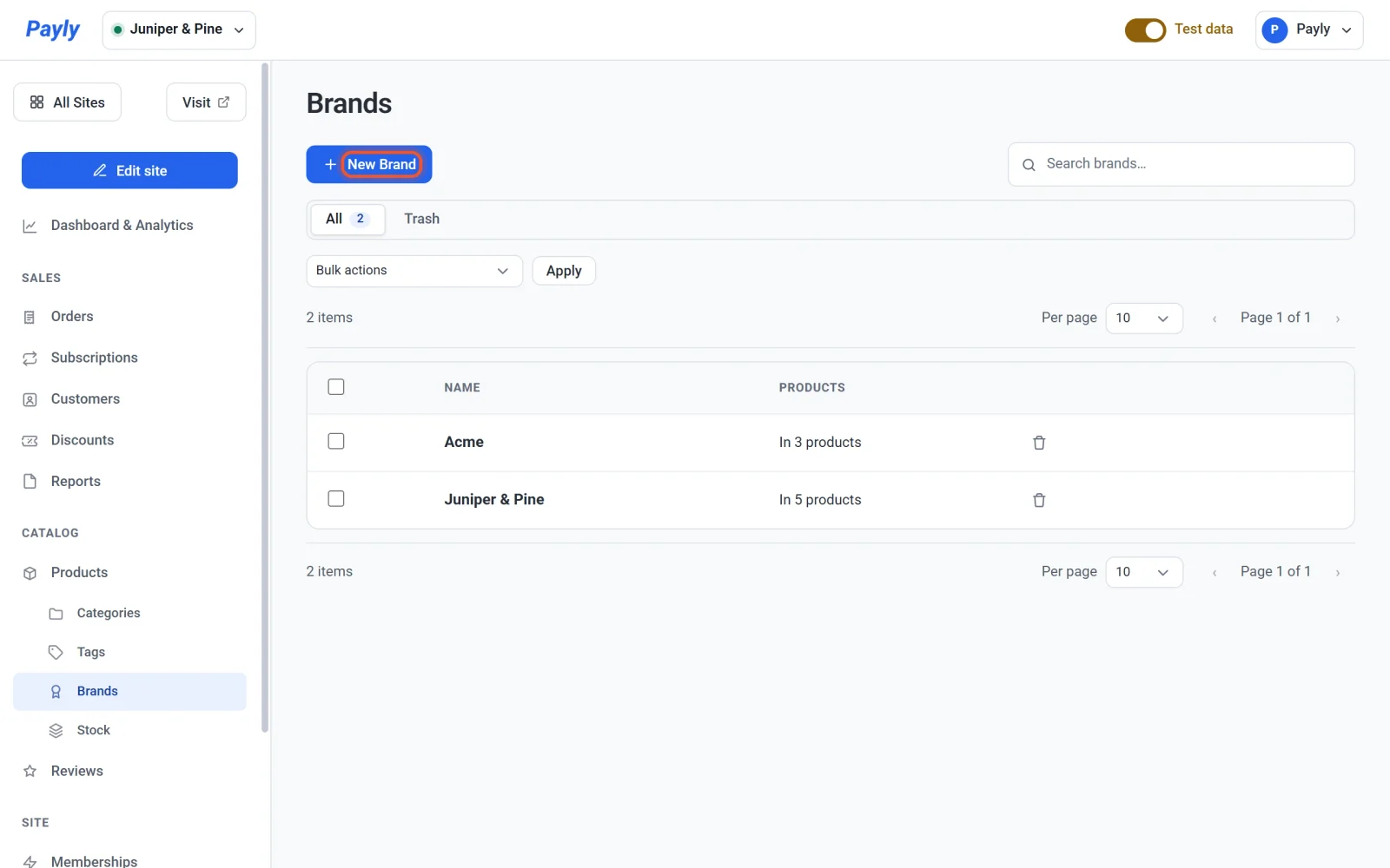 The Brands screen listing Acme in 3 products and Juniper & Pine in 5 products, with the New Brand button highlighted