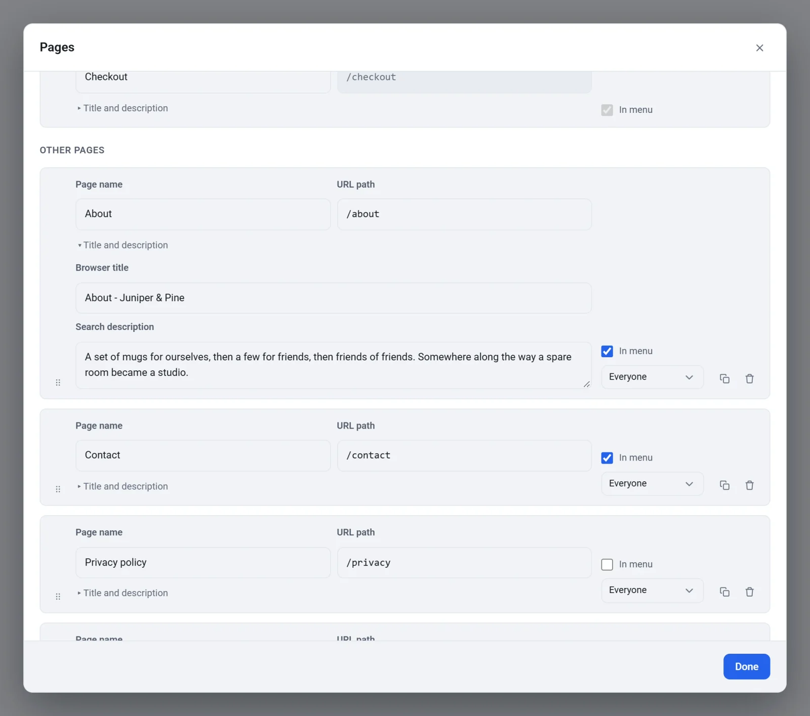 The Other pages group showing the About, Contact and Privacy policy rows, with the Title and description fields open for About