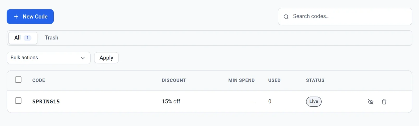 The Discounts list with the New Code button, the search box, the All and Trash status bar, the Bulk actions menu, the page bar and the table of codes