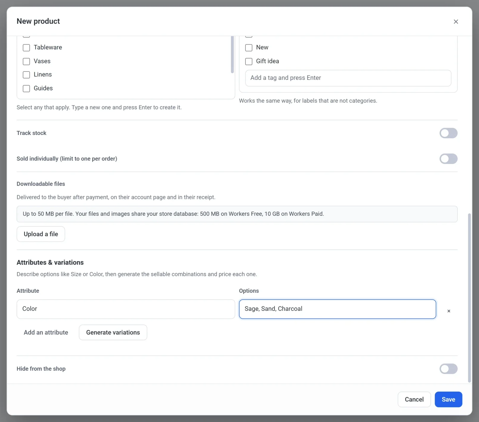 The Attributes and variations section of the New product dialog, with the attribute Color and the options Sage, Sand, Charcoal entered