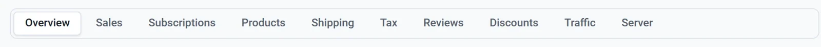 The tabs: Overview, Sales, Subscriptions, Products, Shipping, Tax, Reviews, Discounts, Traffic and Server