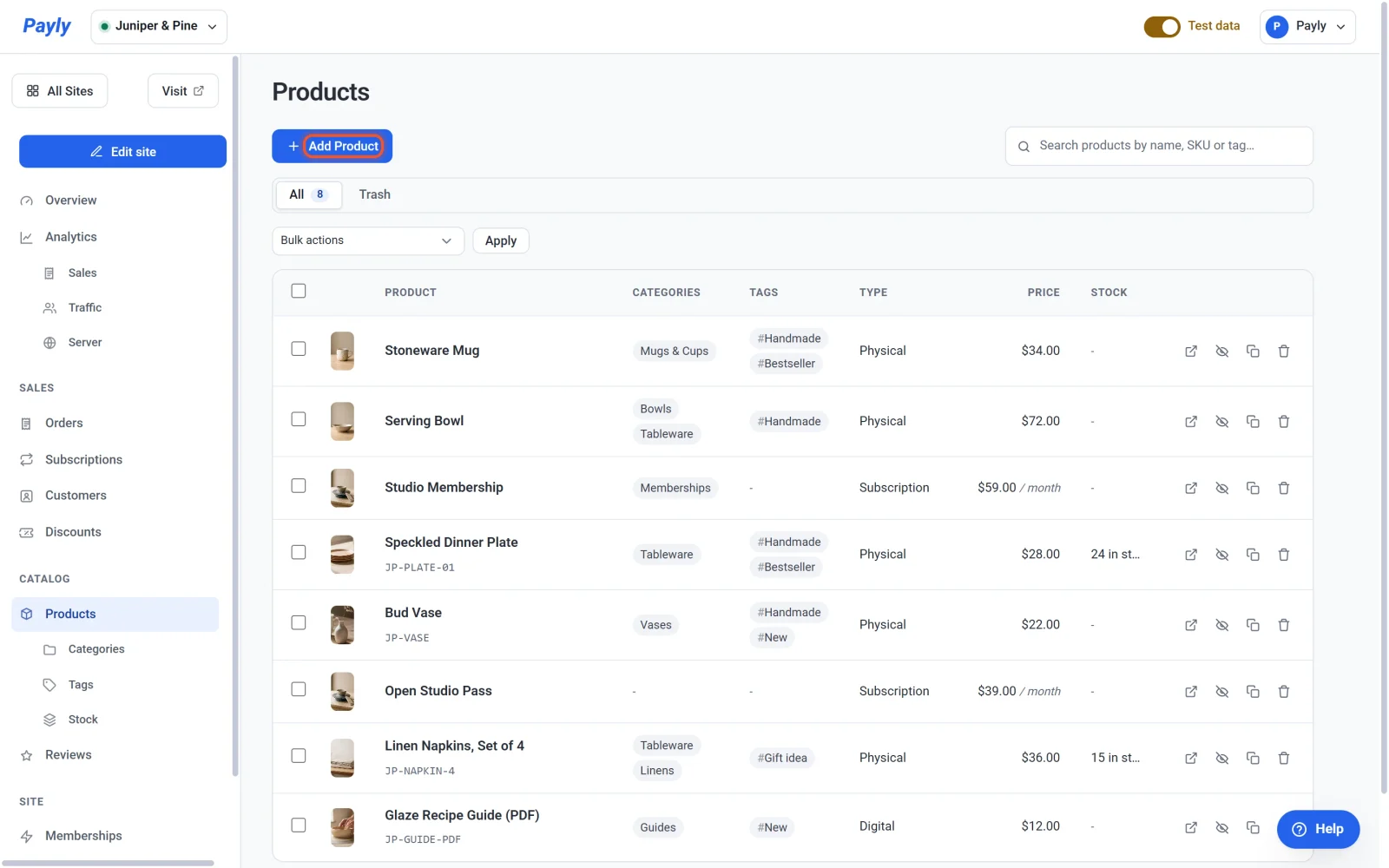 The Products screen listing eight products, with the Add Product button highlighted