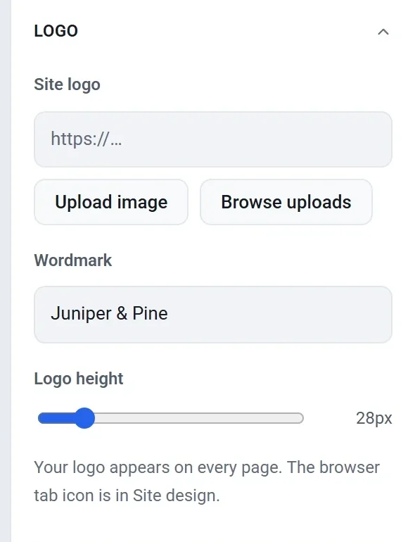 The Logo group with the Site logo, Wordmark and Logo height settings