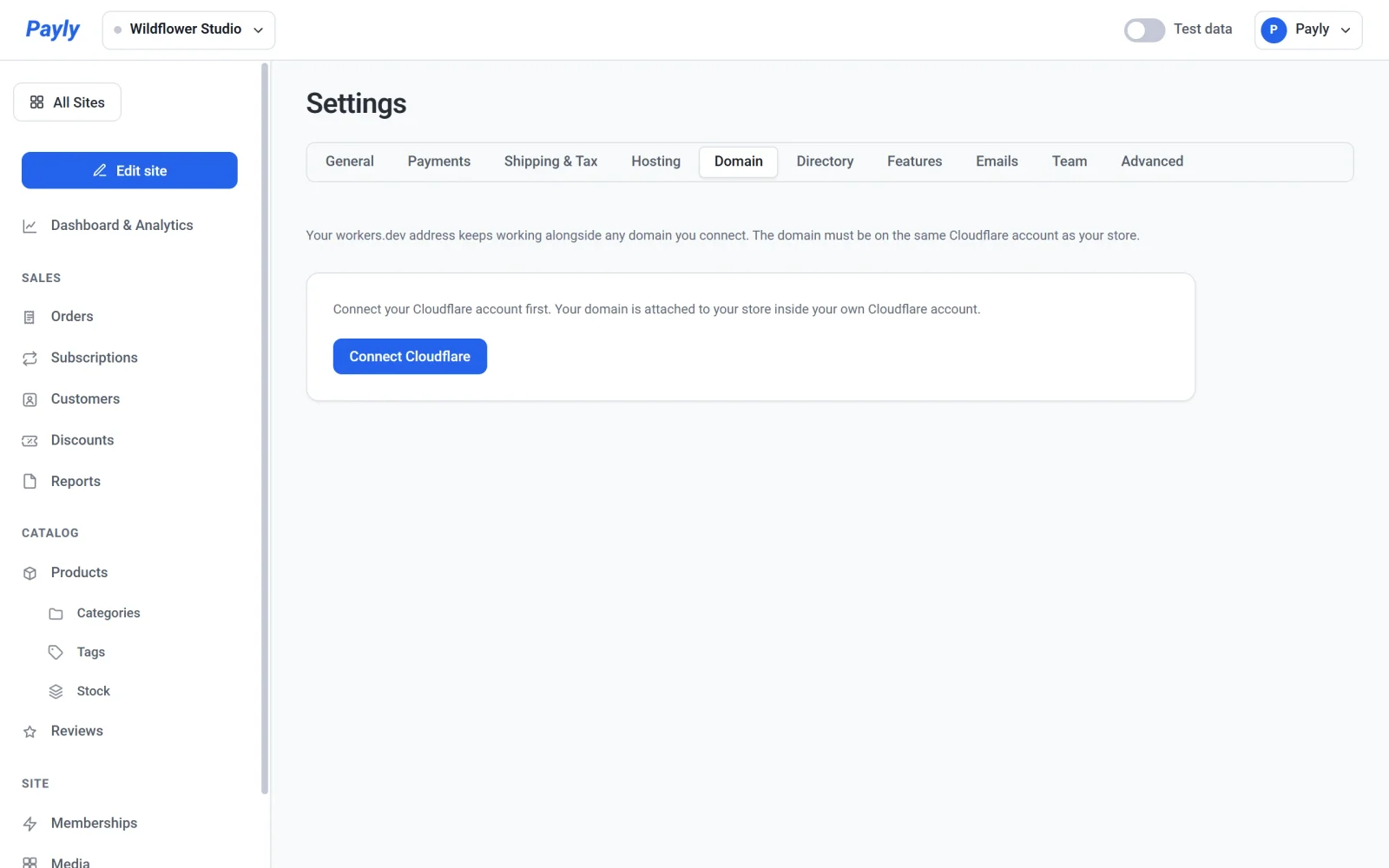 The Domain tab before Cloudflare is connected, asking you to connect your Cloudflare account first