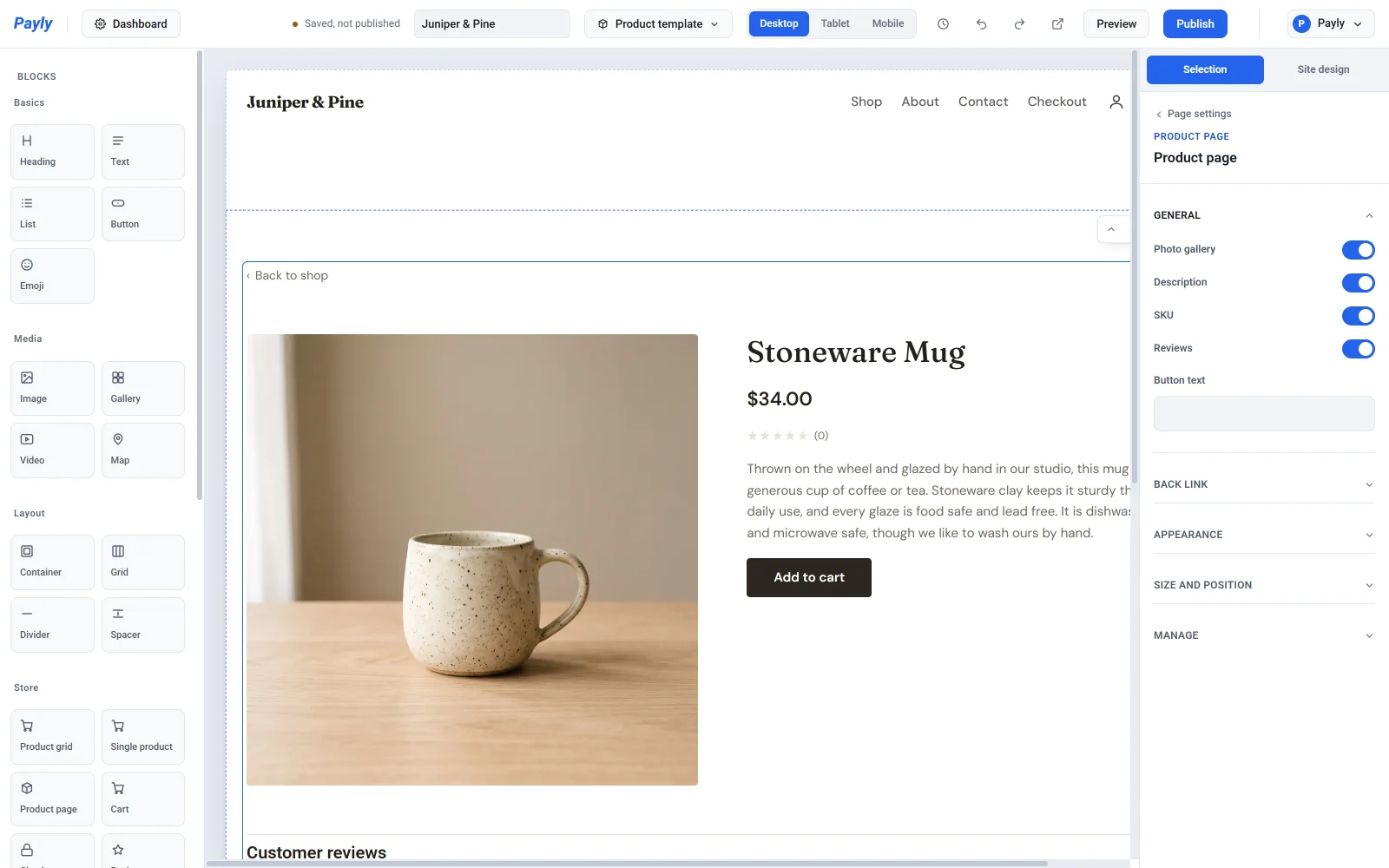 The editor showing the Product template page, with the product block selected and its General settings open on the right