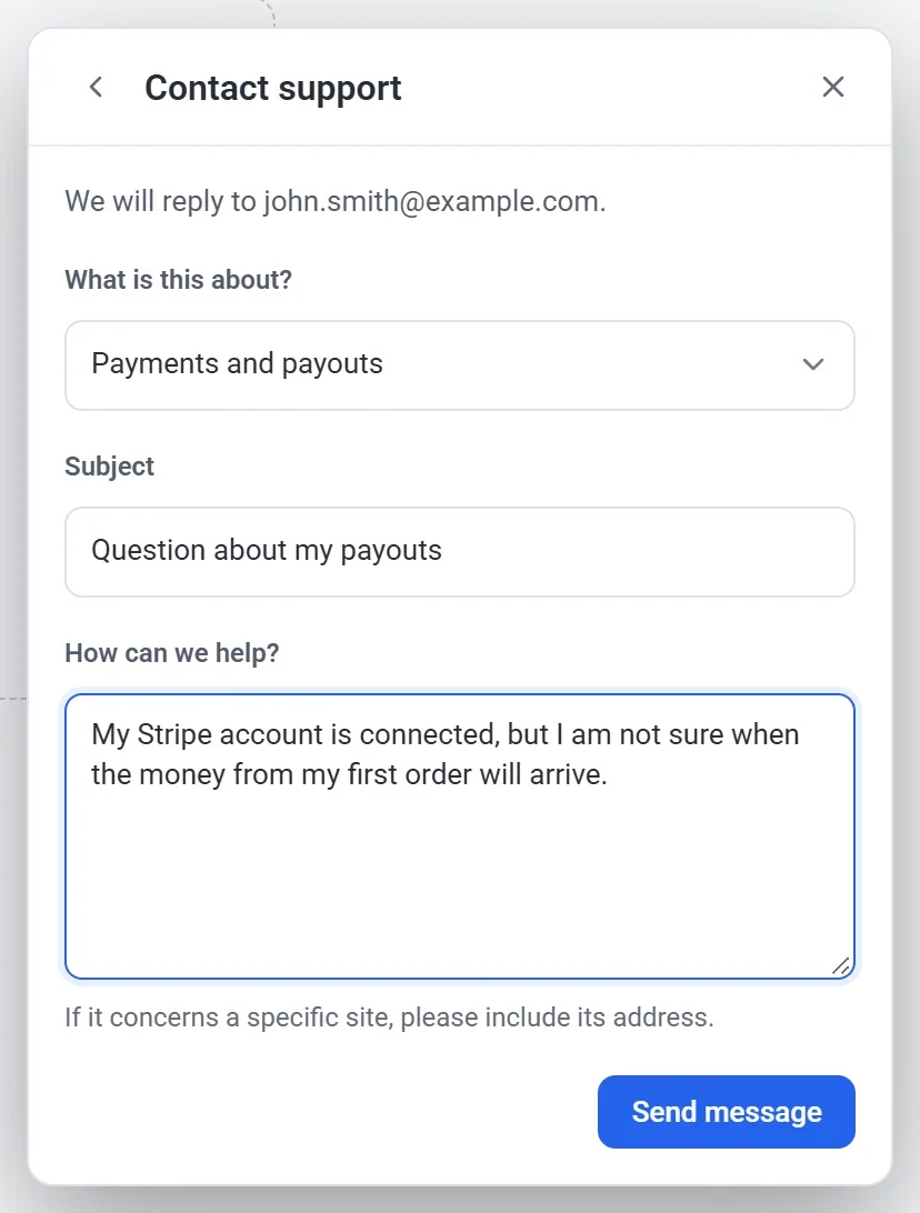 The Contact support panel with the topic Payments and payouts, a subject and a message filled in, and a Send message button
