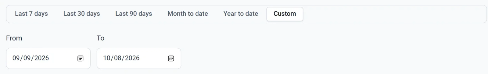 The period picker with Custom selected and the From and To date fields below it