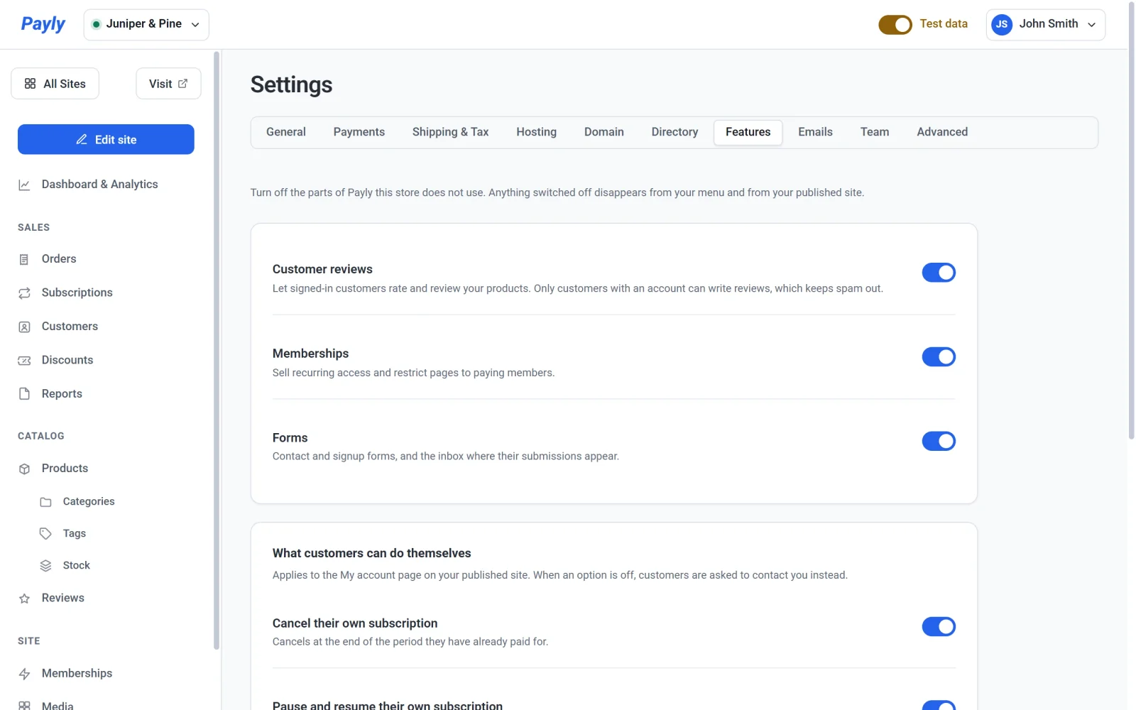 The Features tab of Settings, with switches for Customer reviews, Memberships and Forms, all turned on