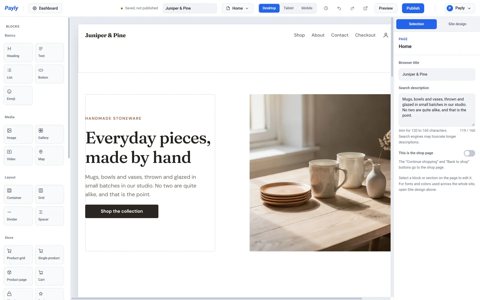 The editor with the top bar, the Blocks panel on the left, the Home page in the middle and the page settings on the right