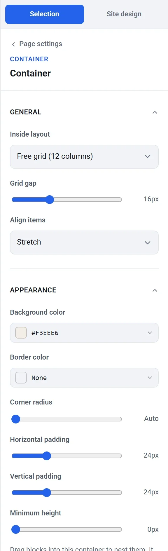The container settings: Inside layout, Grid gap and Align items under General, and Background color, Border color, Corner radius, padding and Minimum height under Appearance